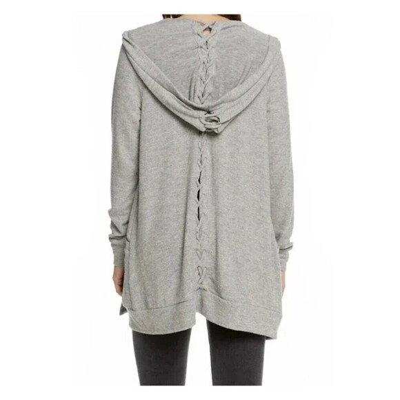 NWT CHASER Gray Super Soft Lace Up Back Hooded Cardigan Sweater Size Medium - Picture 2 of 7